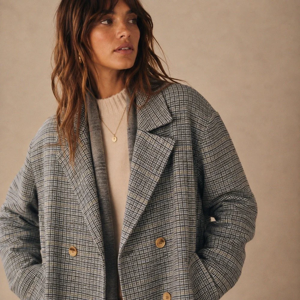 Free People Double Breasted Liberty Plaid Wool Blend Duster Coat Sz S NWOT